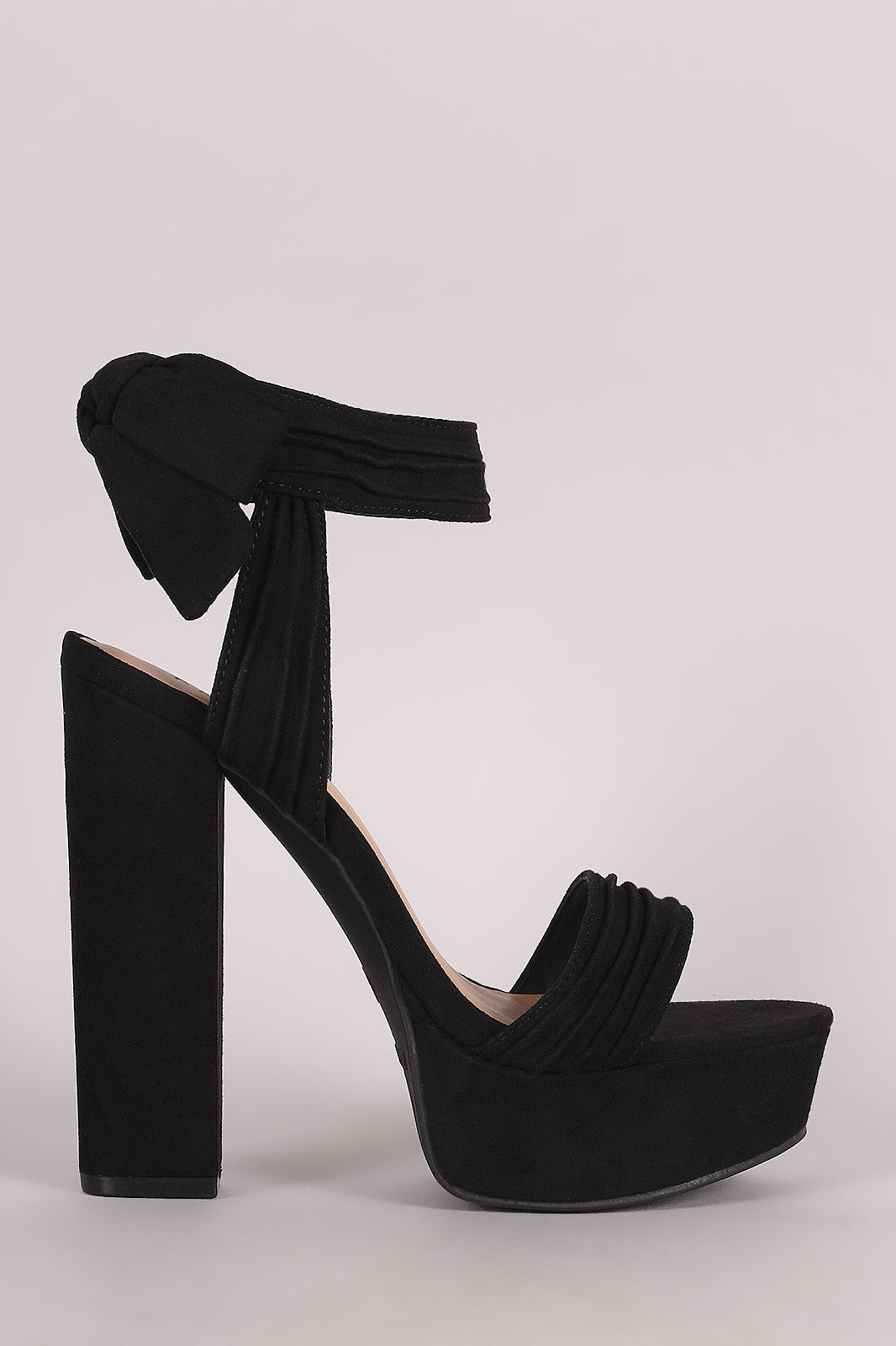 Bamboo Ruched Suede Bow Ankle Cuff Chunky Platform Heel
