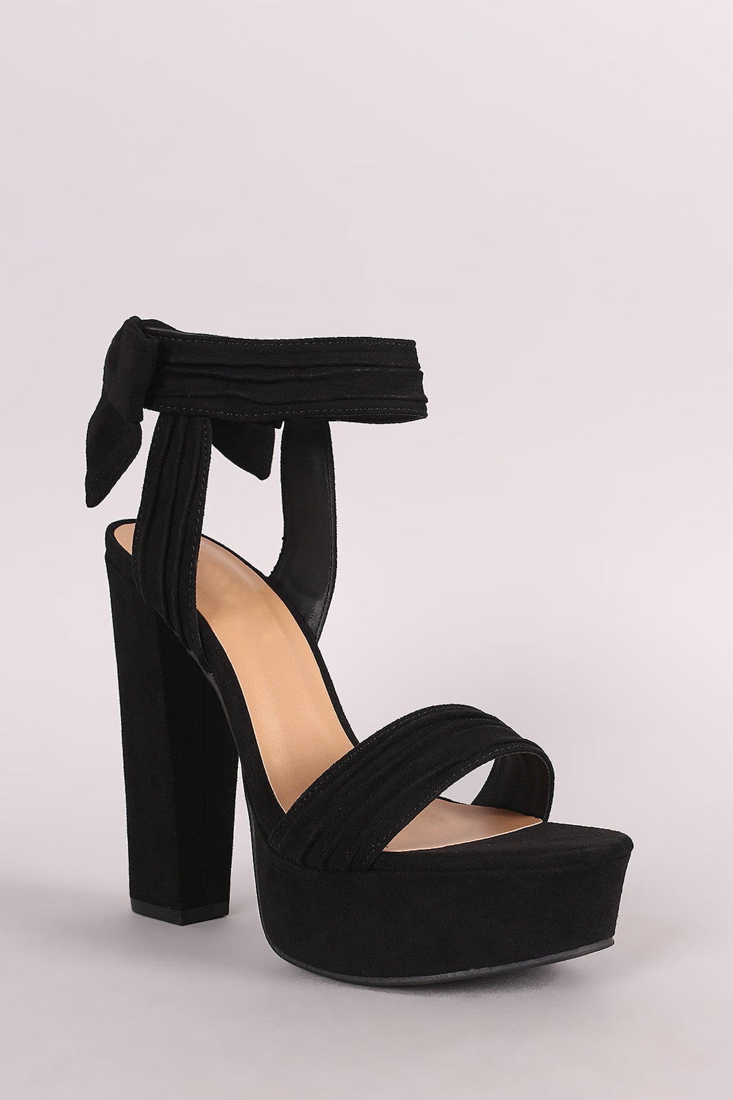 Bamboo Ruched Suede Bow Ankle Cuff Chunky Platform Heel