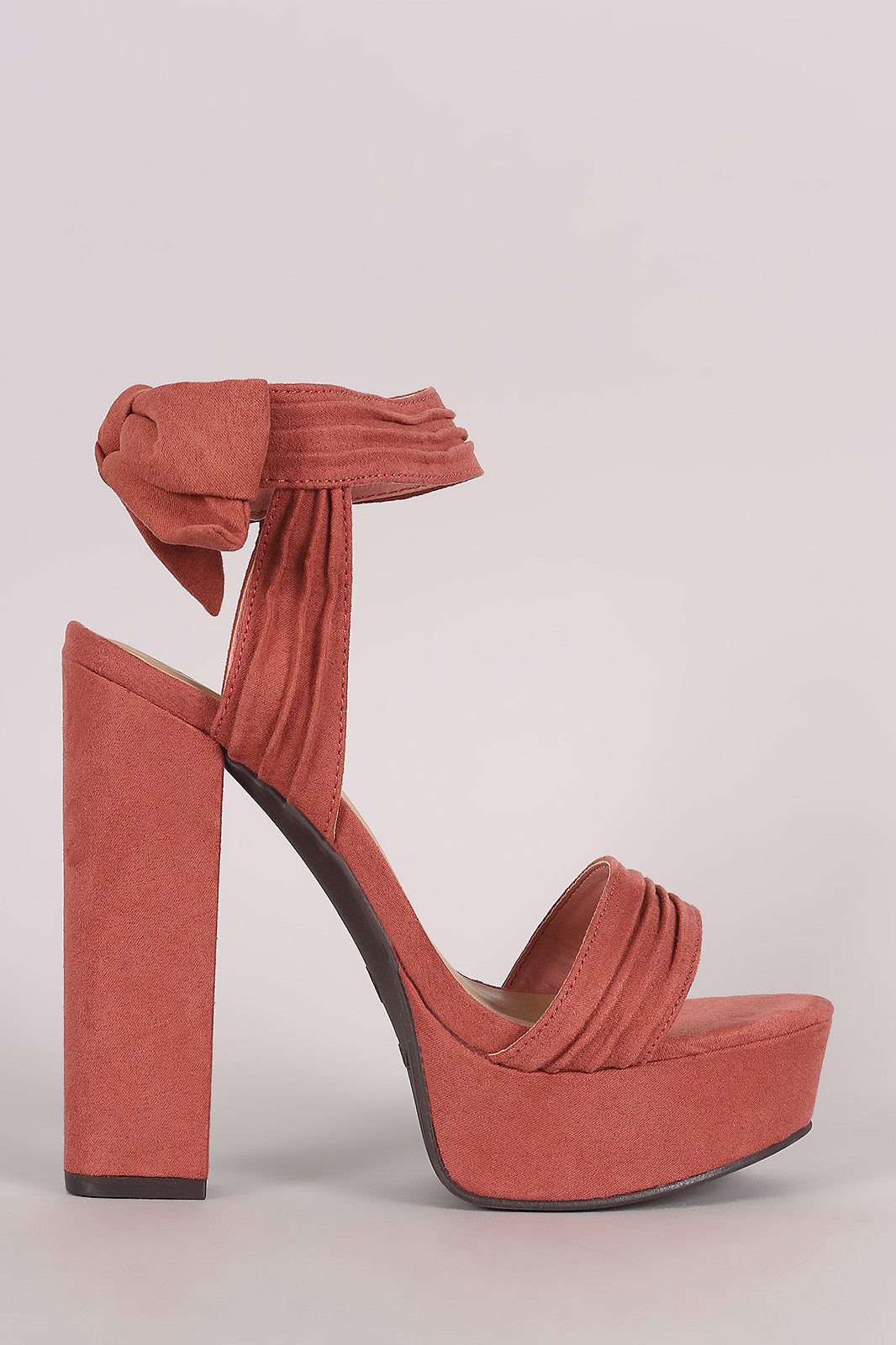 Bamboo Ruched Suede Bow Ankle Cuff Chunky Platform Heel
