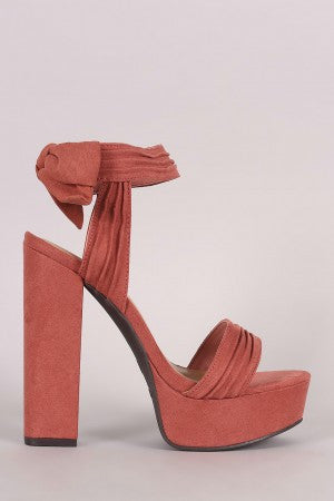 Bamboo Ruched Suede Bow Ankle Cuff Chunky Platform Heel