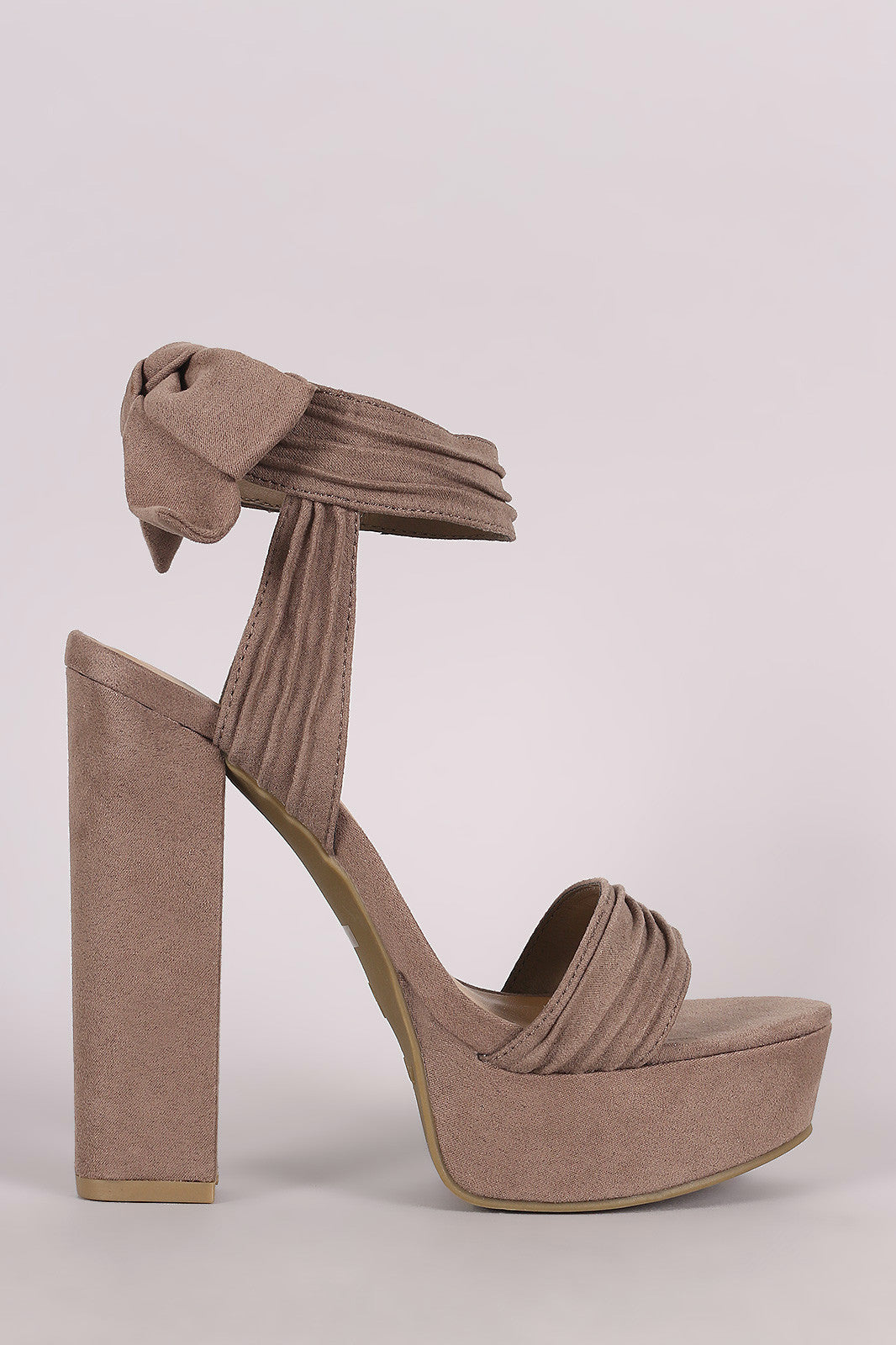 Bamboo Ruched Suede Bow Ankle Cuff Chunky Platform Heel