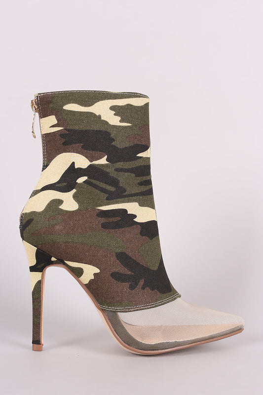 Camouflage Mesh Inset Pointy Toe Stiletto Booties