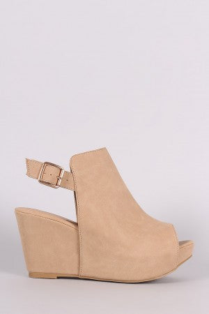 Bamboo Nubuck Open Toe Mule Platform Wedge
