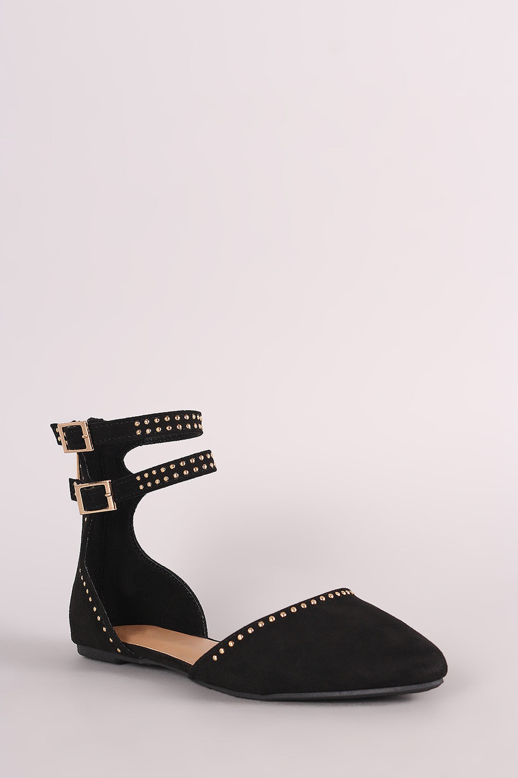 Bamboo Studded Suede Ankle Strap Pointy Toe Flat