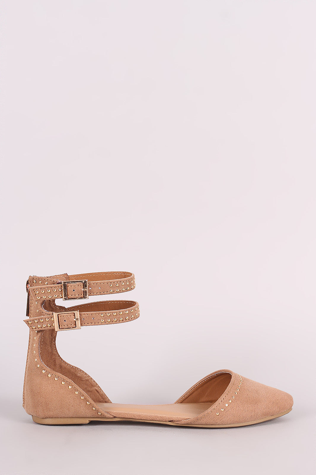 Bamboo Studded Suede Ankle Strap Pointy Toe Flat