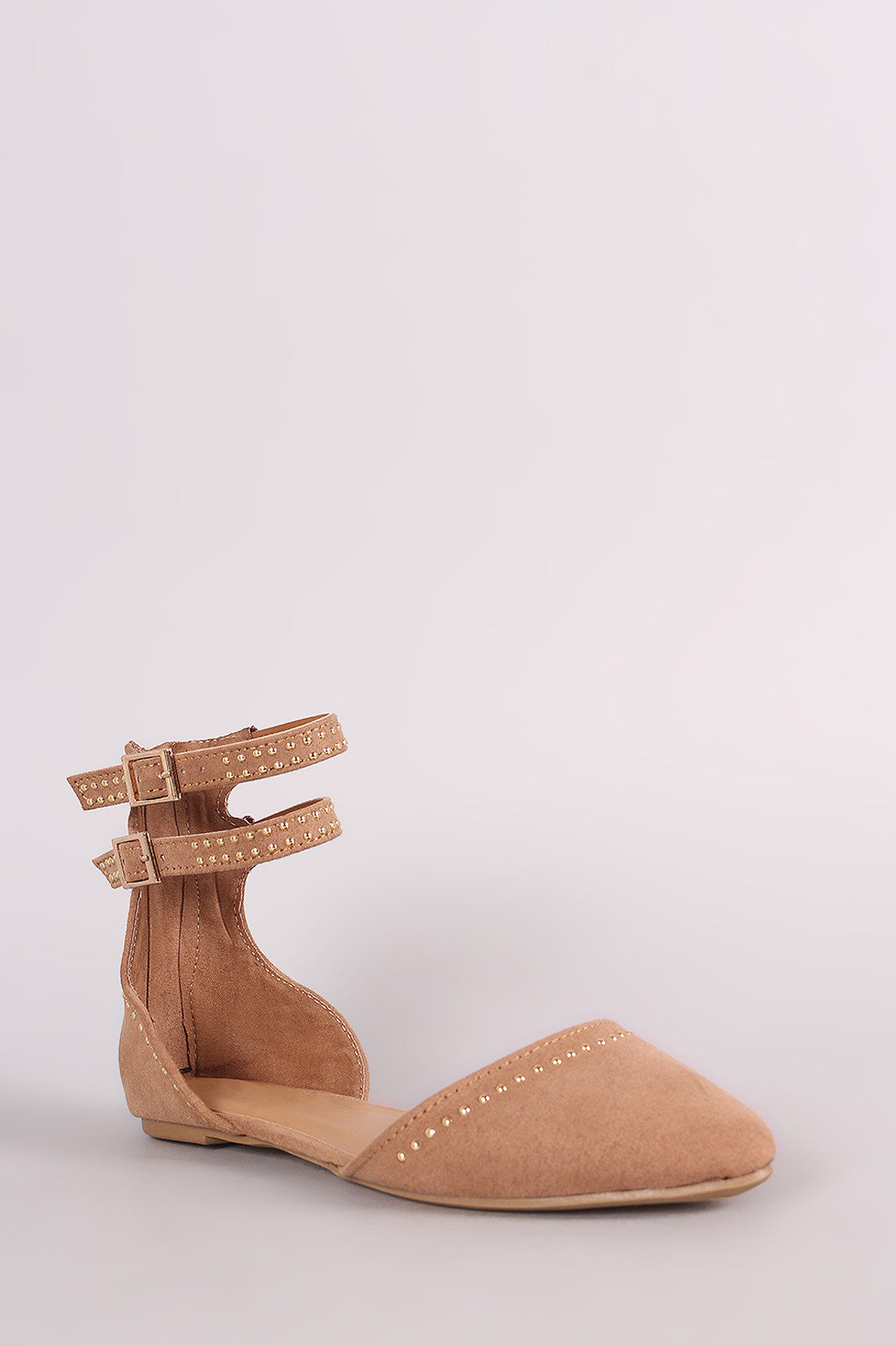 Bamboo Studded Suede Ankle Strap Pointy Toe Flat