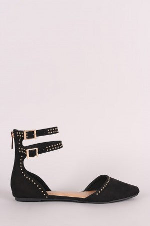 Bamboo Studded Suede Ankle Strap Pointy Toe Flat