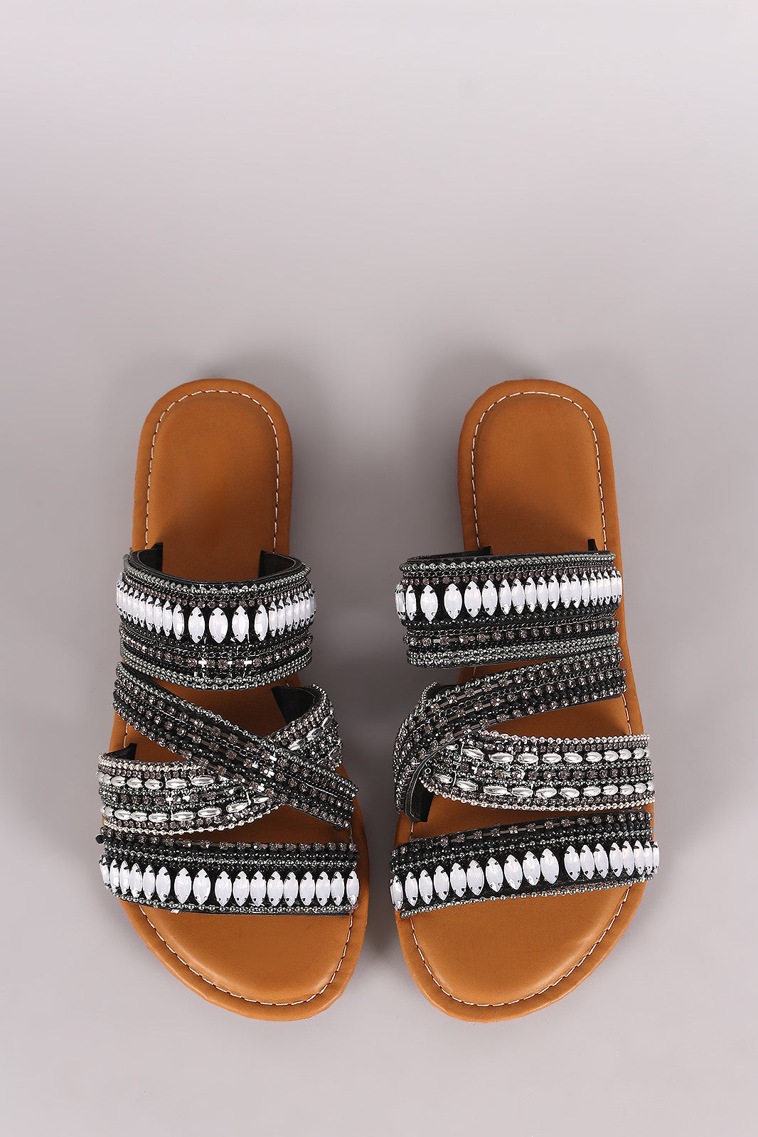 Bamboo Strappy Rhinestone Beadwork Slip-On Flat Sandal