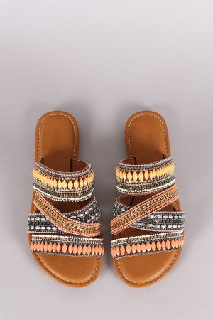 Bamboo Strappy Rhinestone Beadwork Slip-On Flat Sandal
