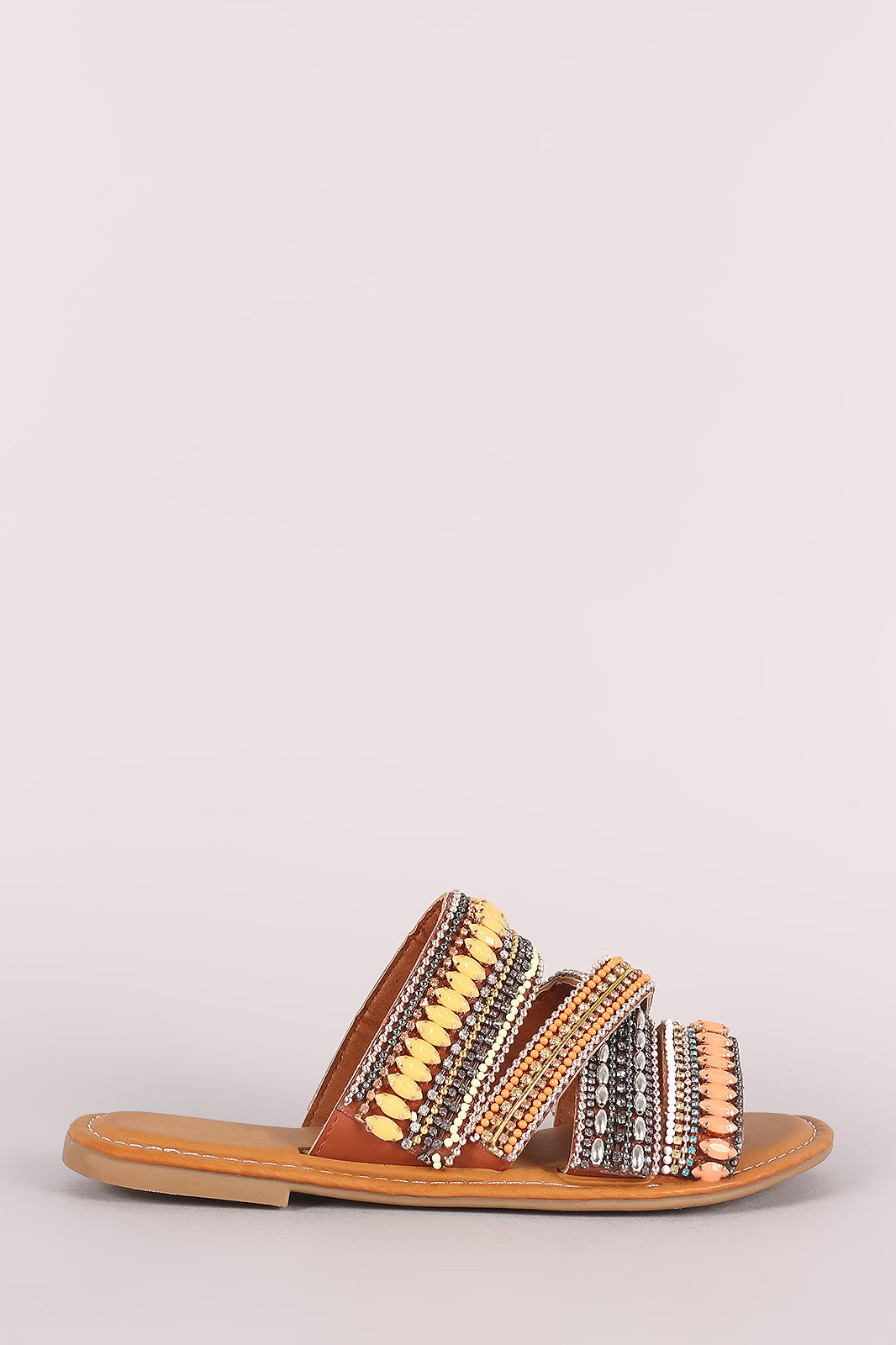 Bamboo Strappy Rhinestone Beadwork Slip-On Flat Sandal