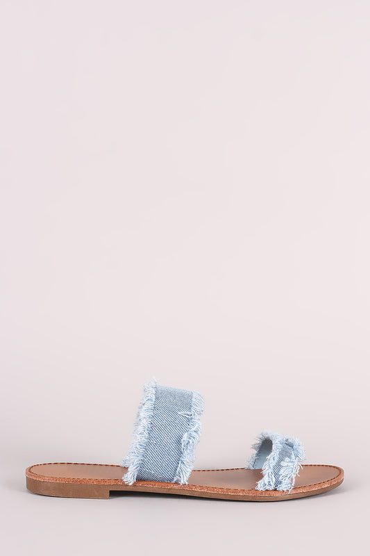Breckelle Double Denim Band Frayed Slip-On Flat Sandal