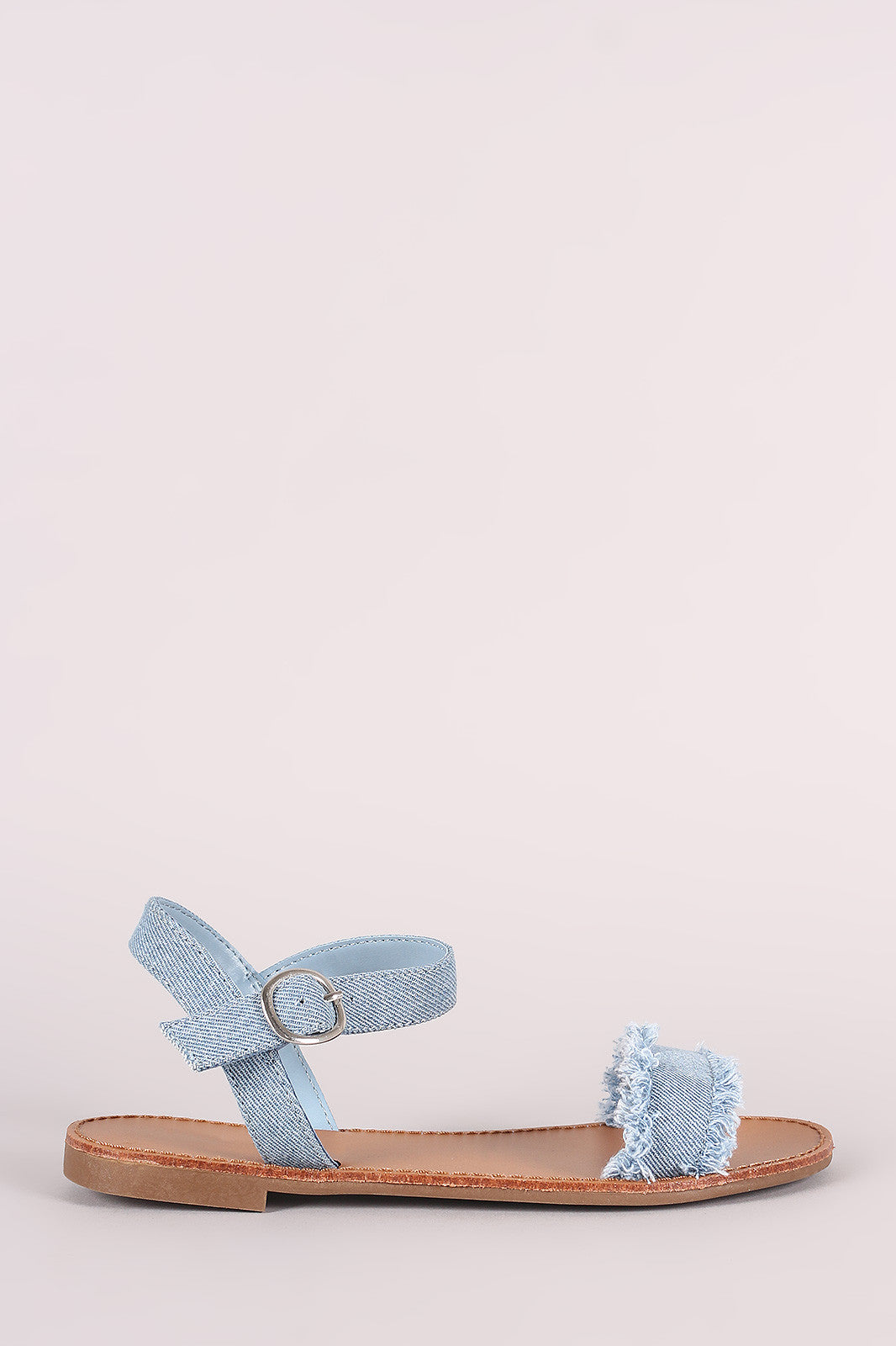 Breckelle Frayed Denim Single Band Ankle Strap Flat Sandal