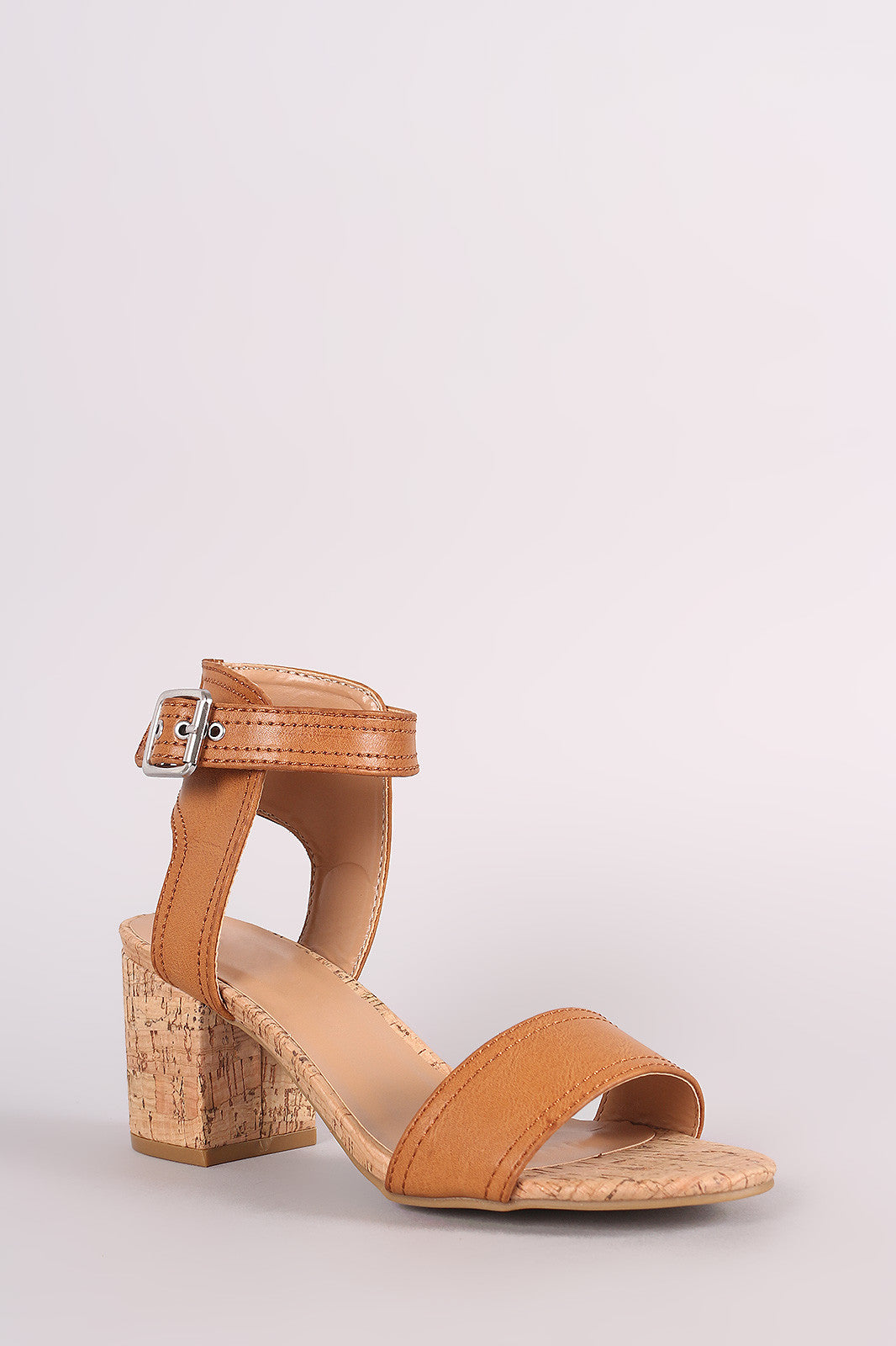 Bamboo One Band Ankle Strap Cork Block Heel