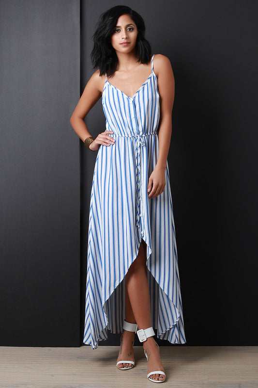 Button Up V-Neck Striped High Low Maxi Dress