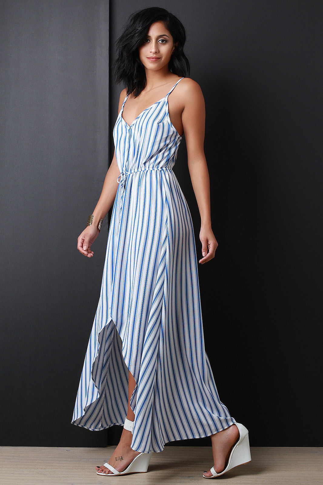 Button Up V-Neck Striped High Low Maxi Dress