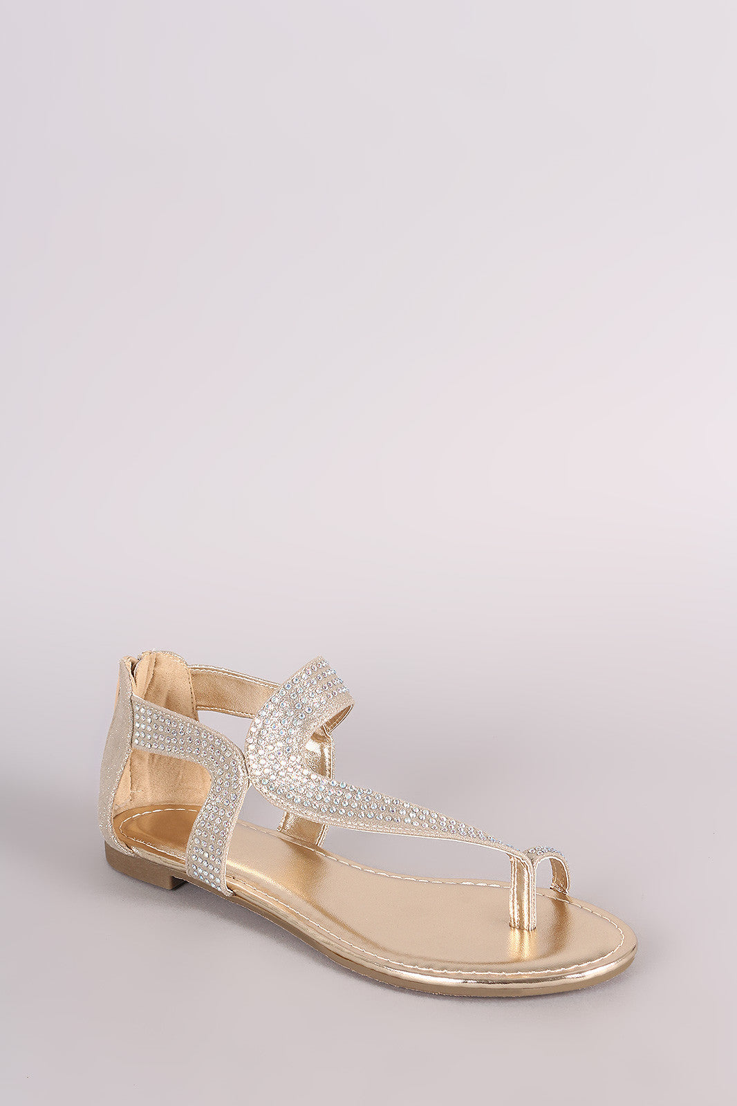 Bamboo Metallic Rhinestone Toe Ring Asymmetrical Flat Sandal