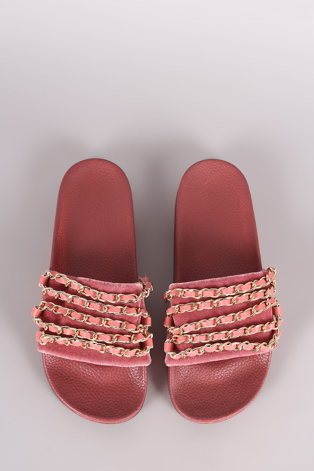 Bamboo Velvet Chain Embellished Open Toe Slide Sandal