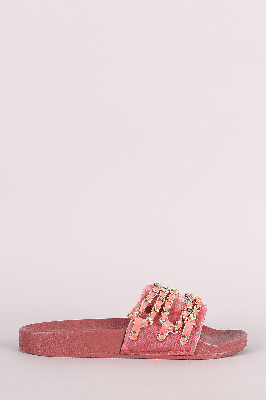 Bamboo Velvet Chain Embellished Open Toe Slide Sandal