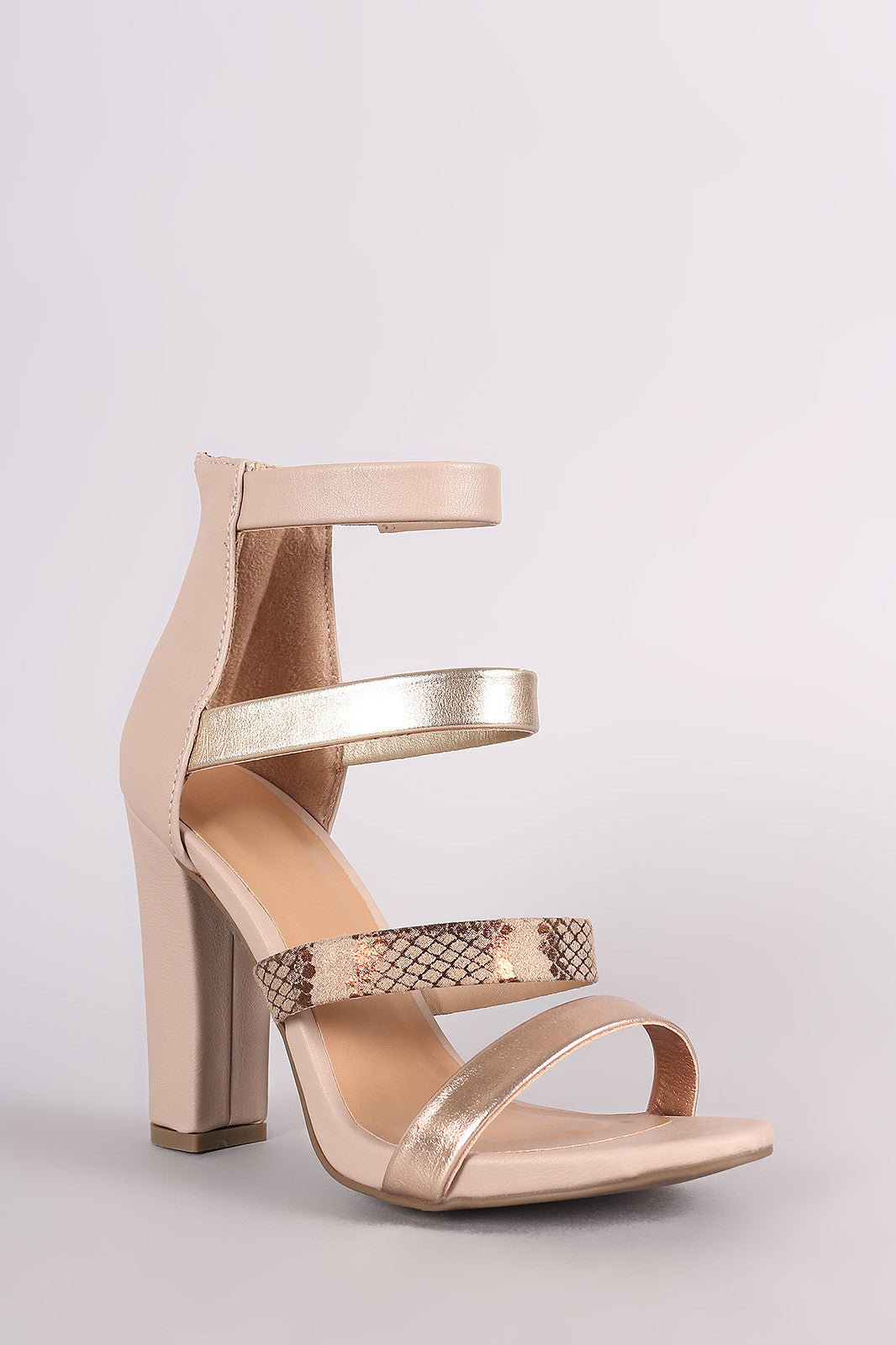 Bamboo Metallic Strappy Snake Open Toe Chunky Heel