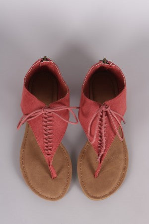 Bamboo Suede V-Strap Lace Up Thong Flat Sandal