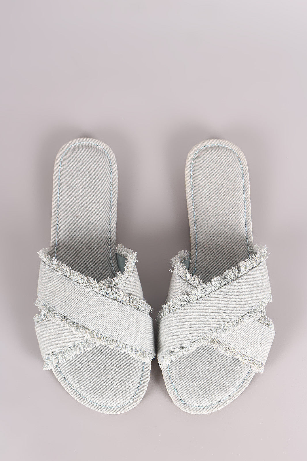 Bamboo Frayed Denim Cross Band Slide Sandal