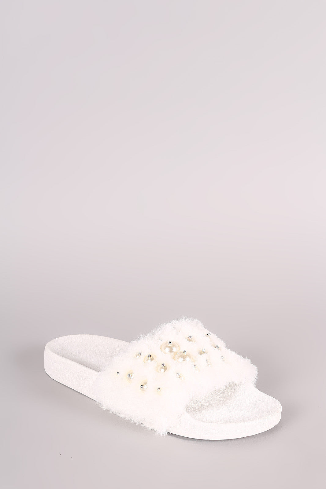 Beaded Pearl Embellished Faux Fur Slide Sandals