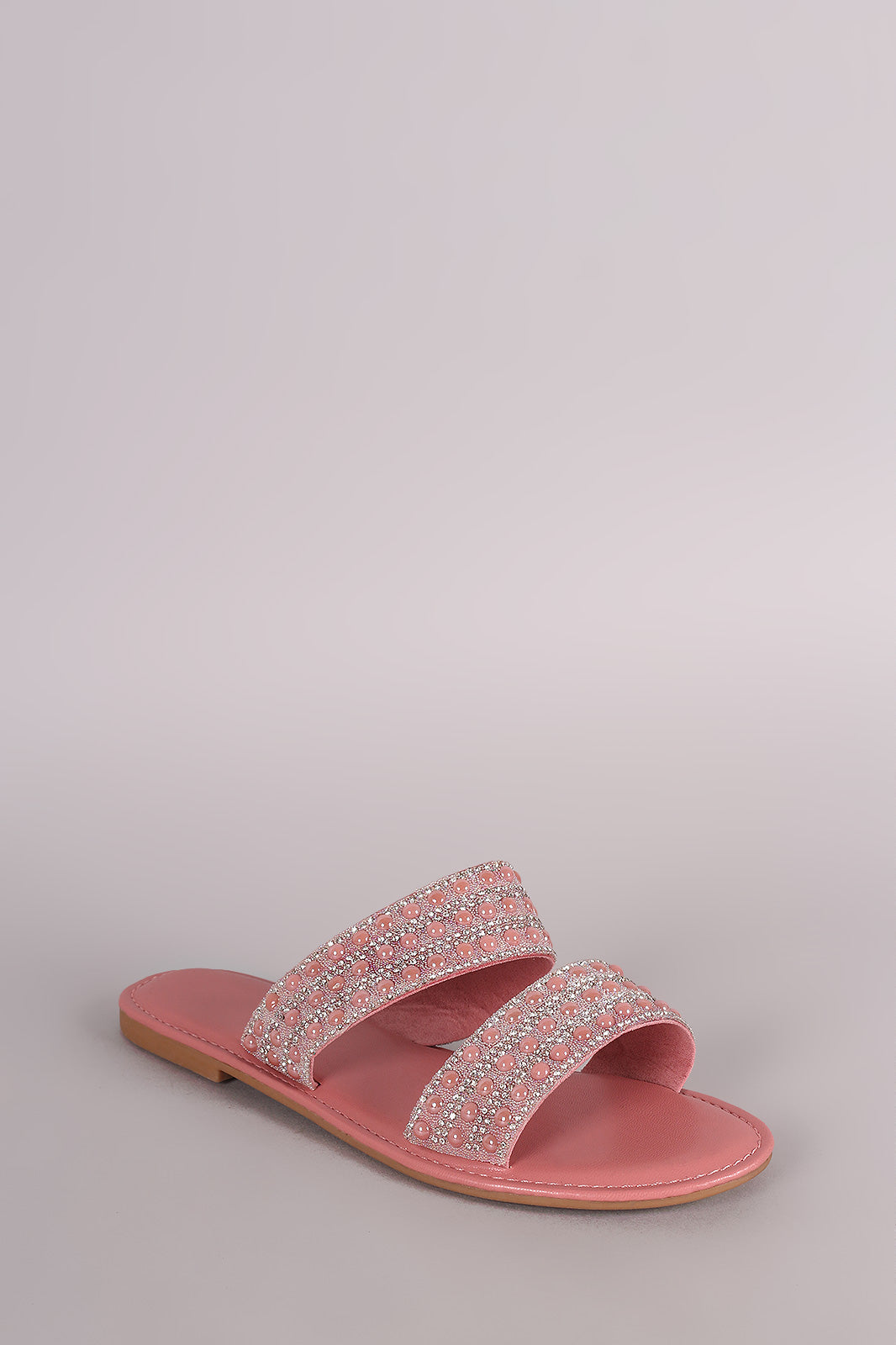 Bamboo Rhinestone Pearl Double Band Slip On Flat Sandal