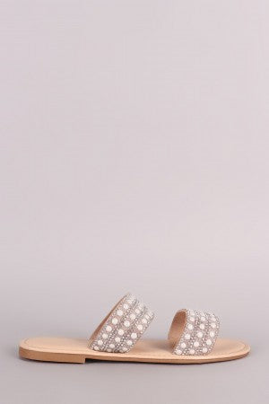Bamboo Rhinestone Pearl Double Band Slip On Flat Sandal