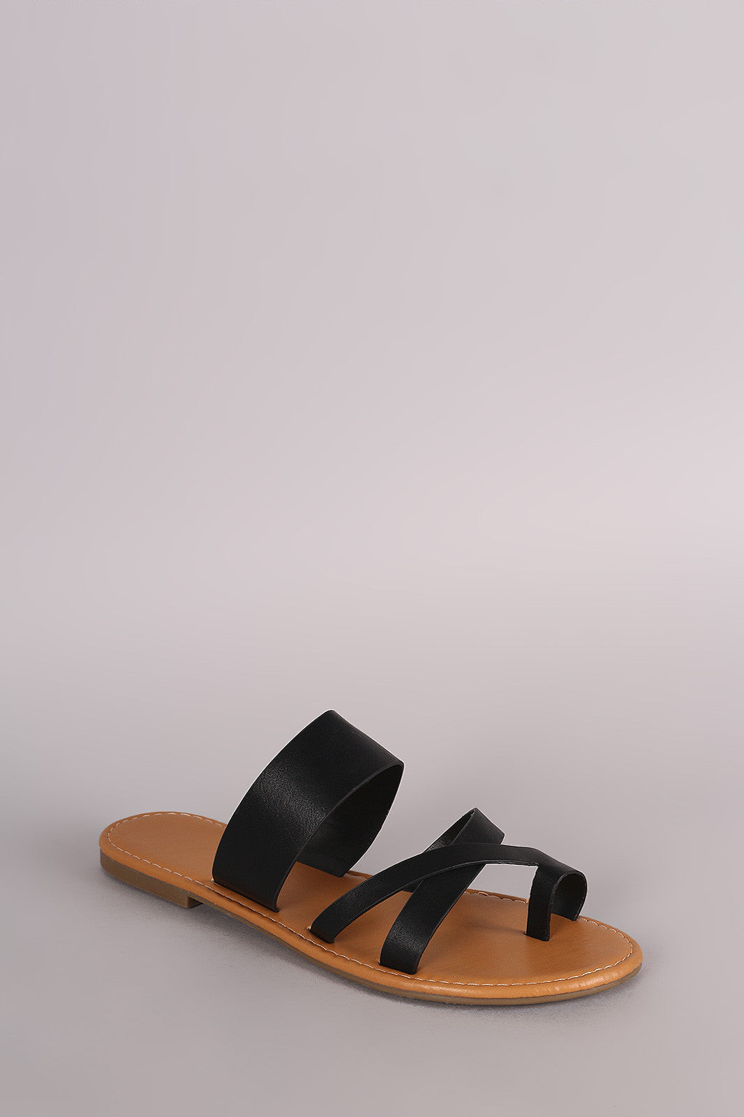 Bamboo Leather Strappy Toe Ring Flat Slip On Sandal
