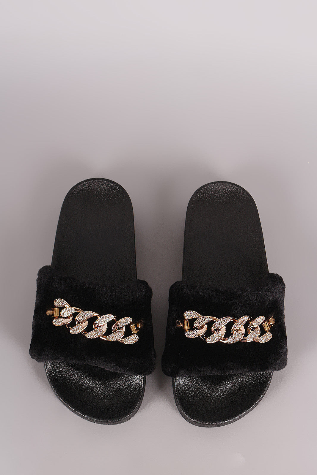 Bamboo Rhinestone Chain Faux Fur Slide Sandal