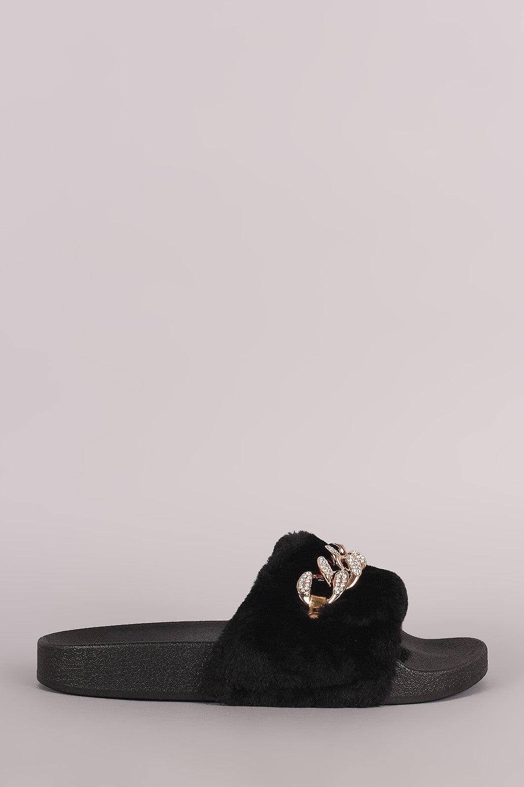 Bamboo Rhinestone Chain Faux Fur Slide Sandal