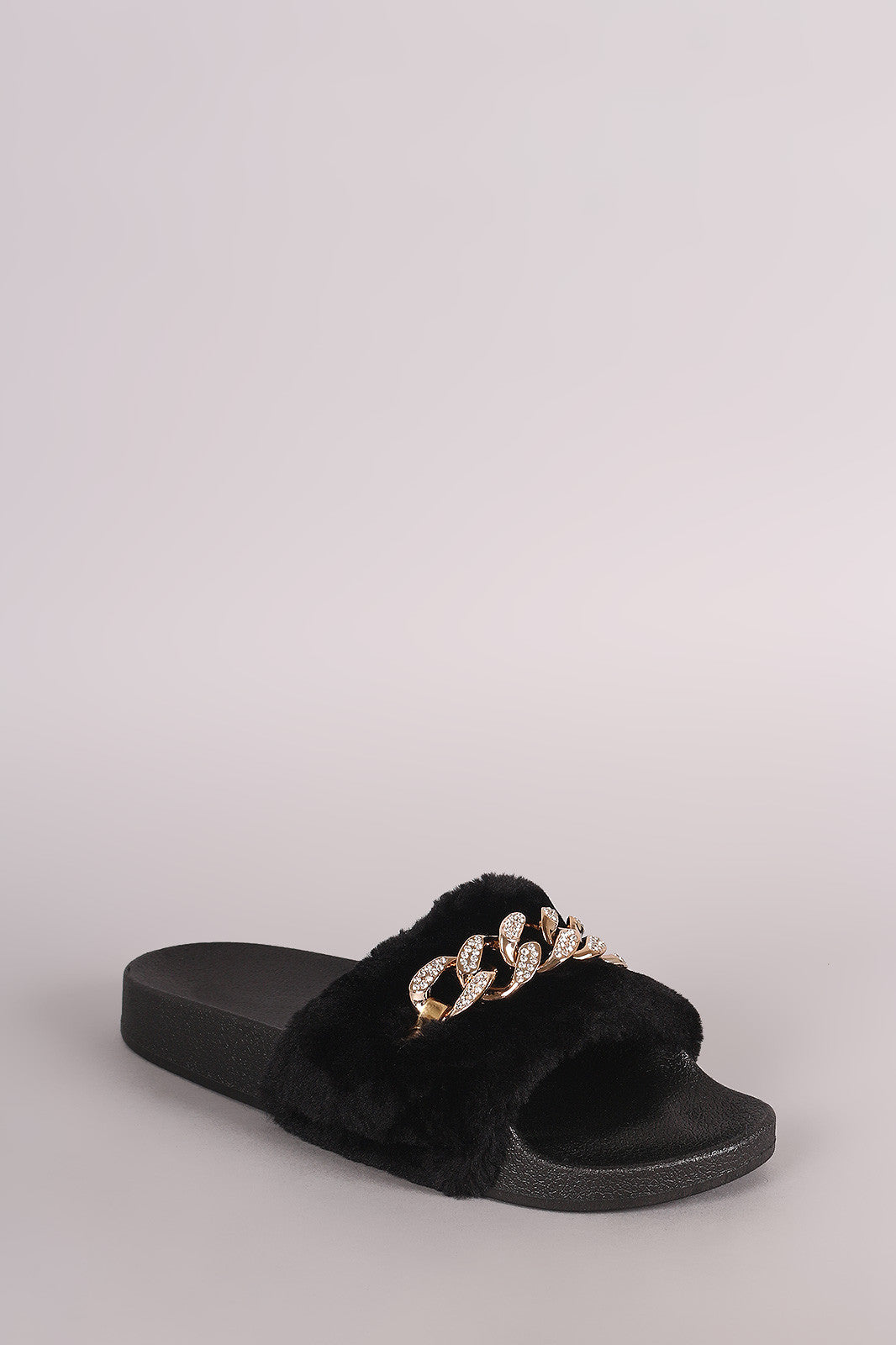 Bamboo Rhinestone Chain Faux Fur Slide Sandal