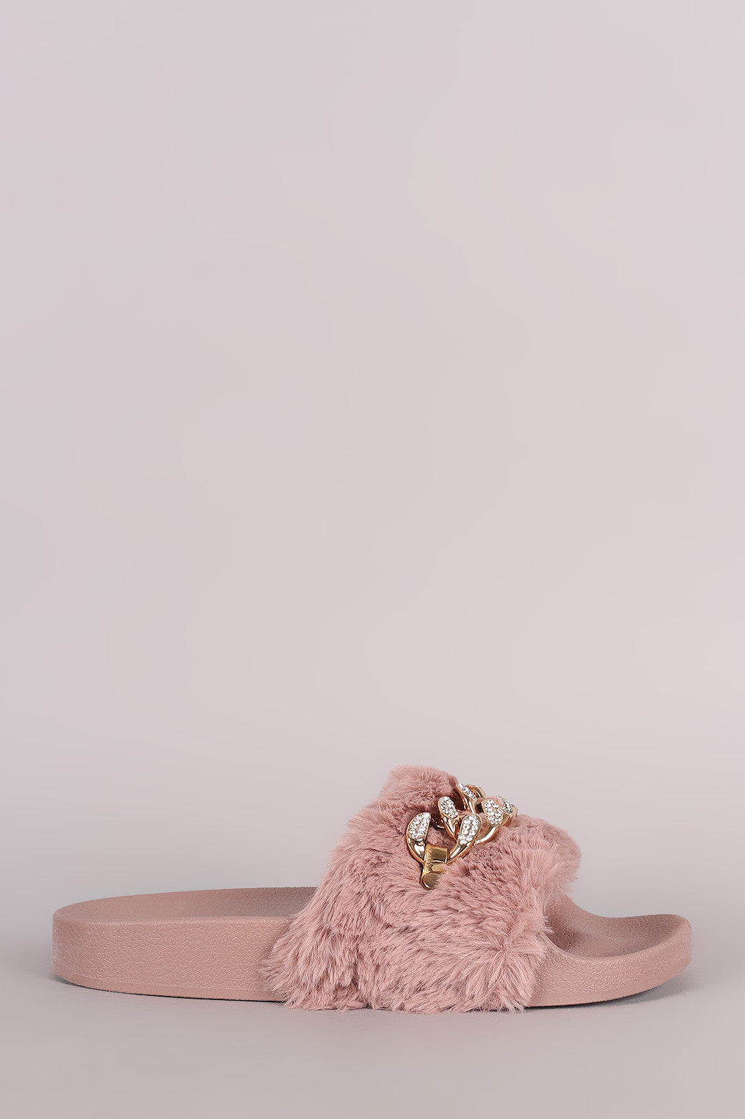 Bamboo Rhinestone Chain Faux Fur Slide Sandal
