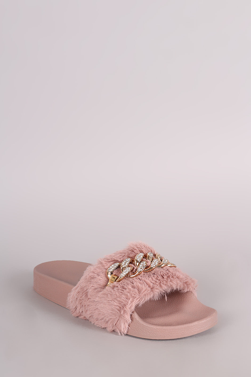 Bamboo Rhinestone Chain Faux Fur Slide Sandal