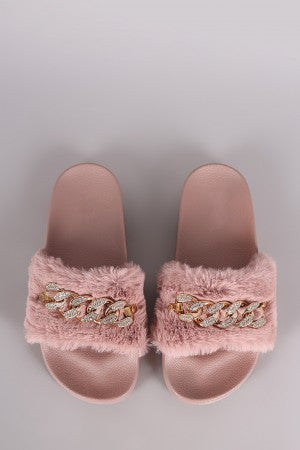 Bamboo Rhinestone Chain Faux Fur Slide Sandal