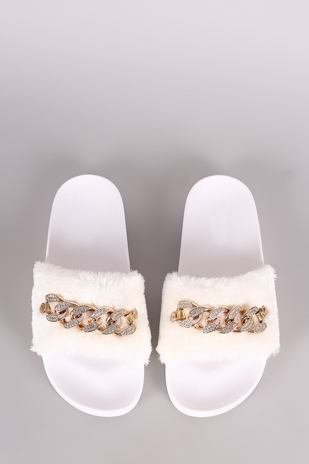 Bamboo Rhinestone Chain Faux Fur Slide Sandal