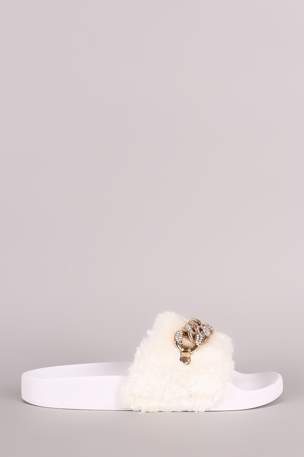 Bamboo Rhinestone Chain Faux Fur Slide Sandal