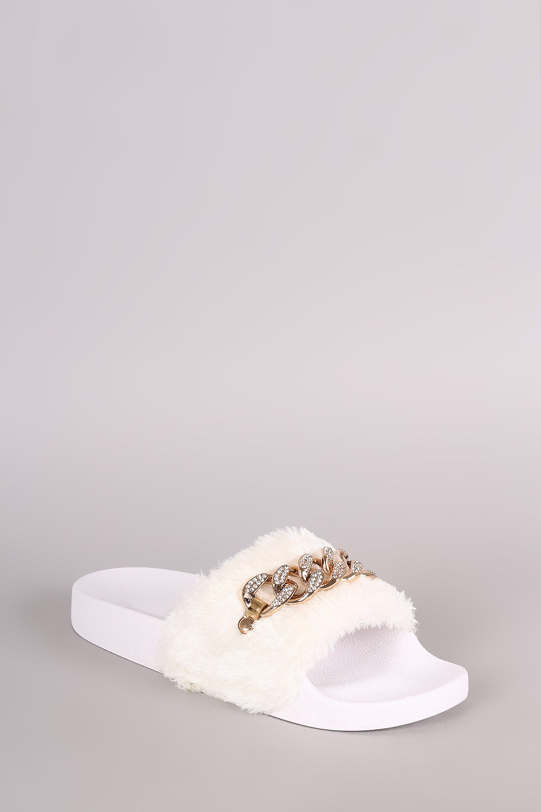 Bamboo Rhinestone Chain Faux Fur Slide Sandal