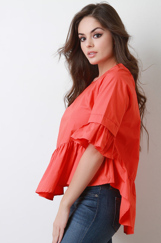 Boat Neck Lattice Weave Back Ruffle Top