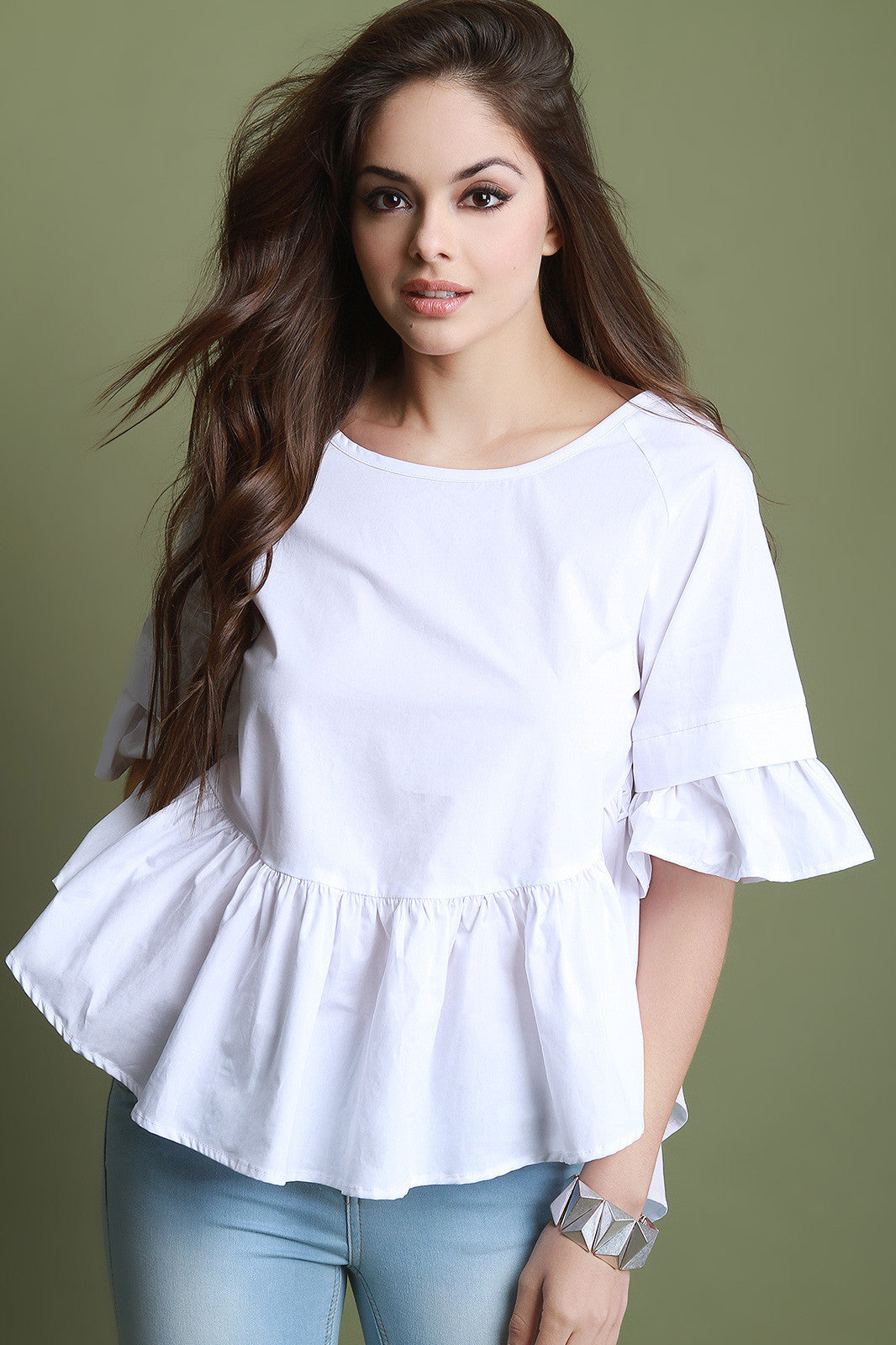 Boat Neck Lattice Weave Back Ruffle Top