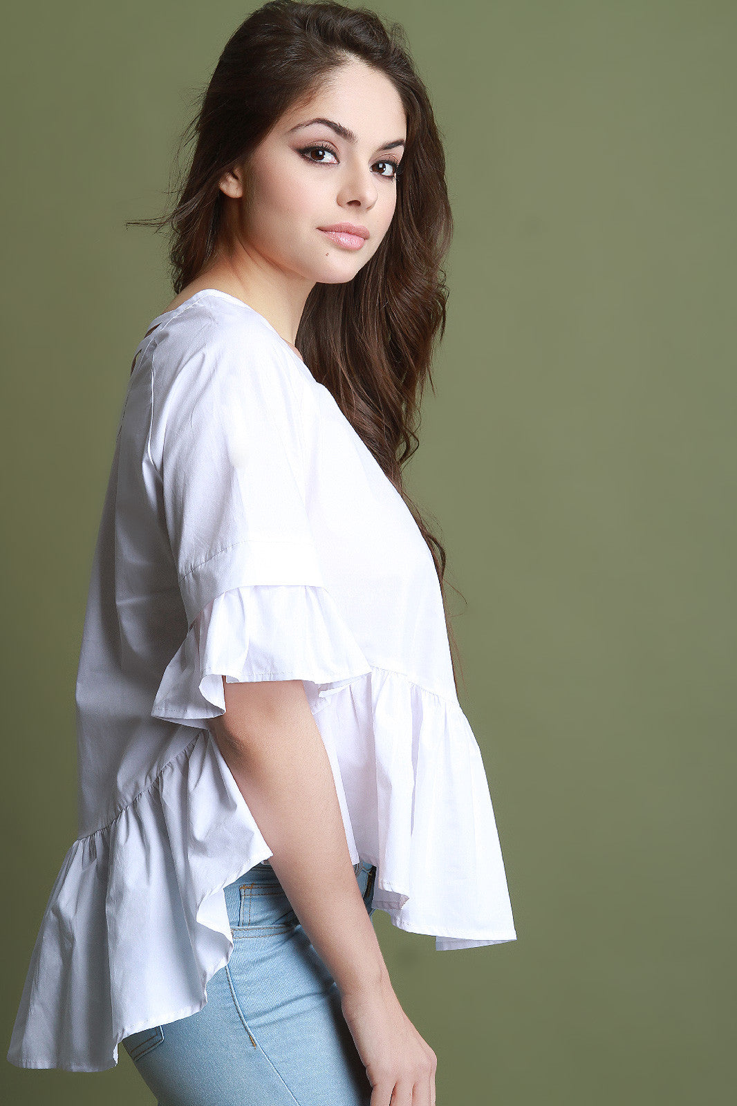 Boat Neck Lattice Weave Back Ruffle Top