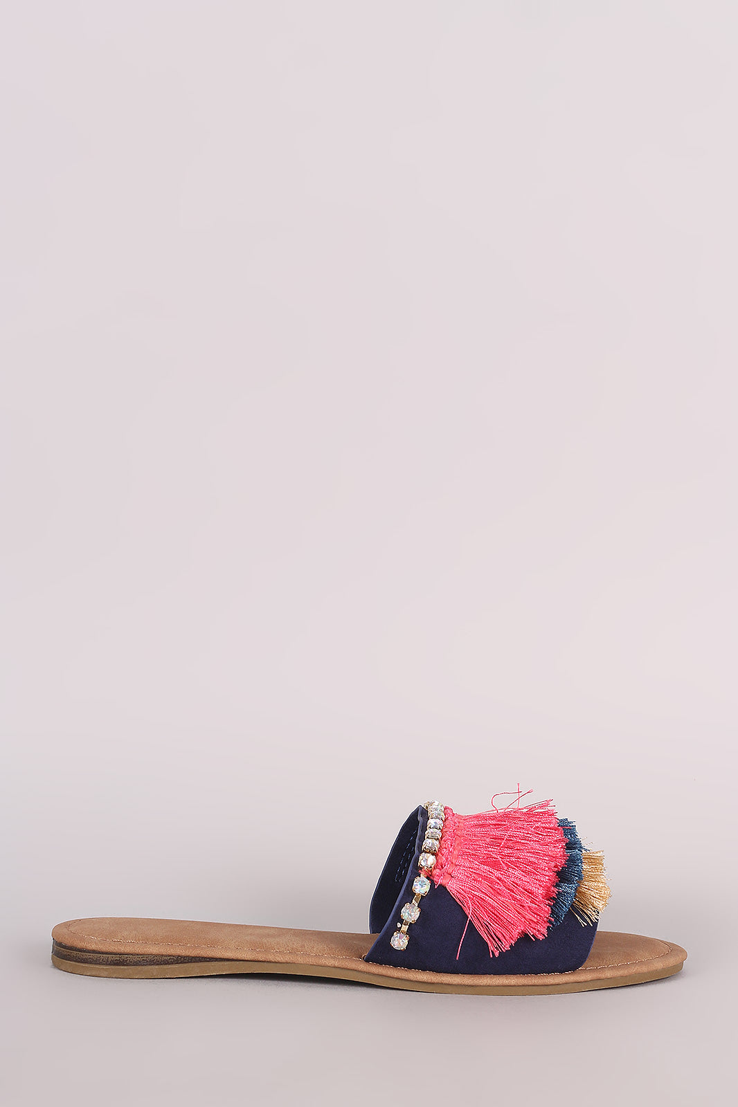 Bamboo Suede Tiered Fringe Rhinestone Slide Sandal
