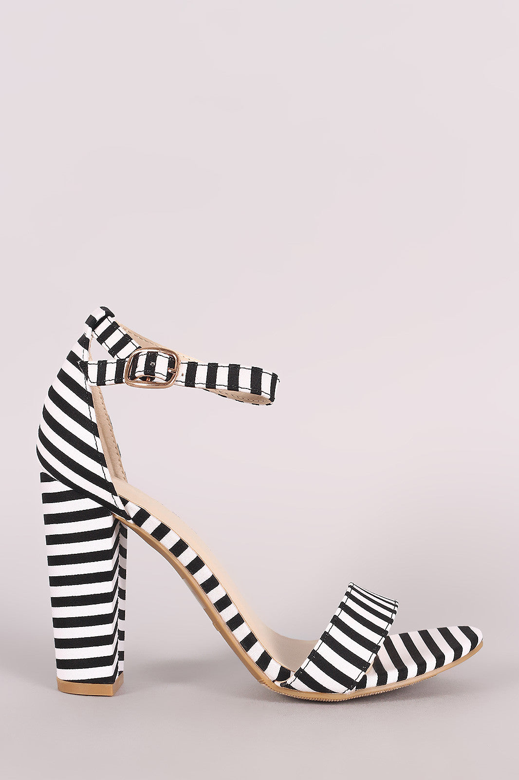 Bamboo Striped Canvas Open Toe Ankle Strap Chunky Heel