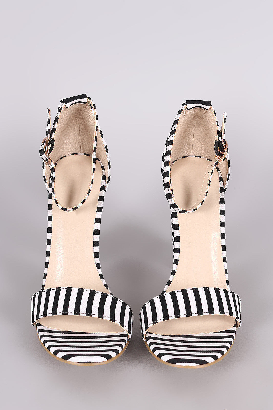 Bamboo Striped Canvas Open Toe Ankle Strap Chunky Heel