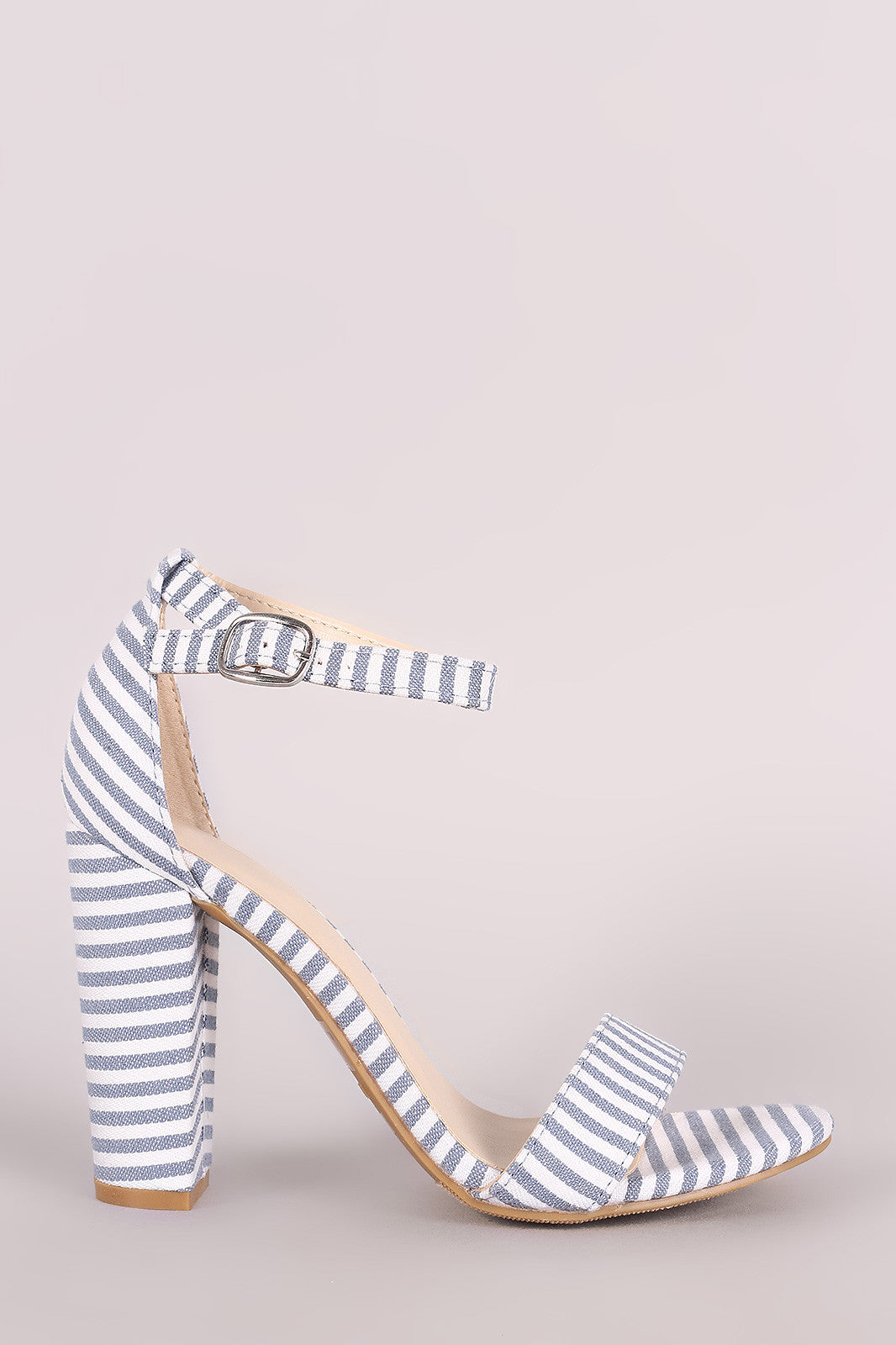 Bamboo Striped Canvas Open Toe Ankle Strap Chunky Heel