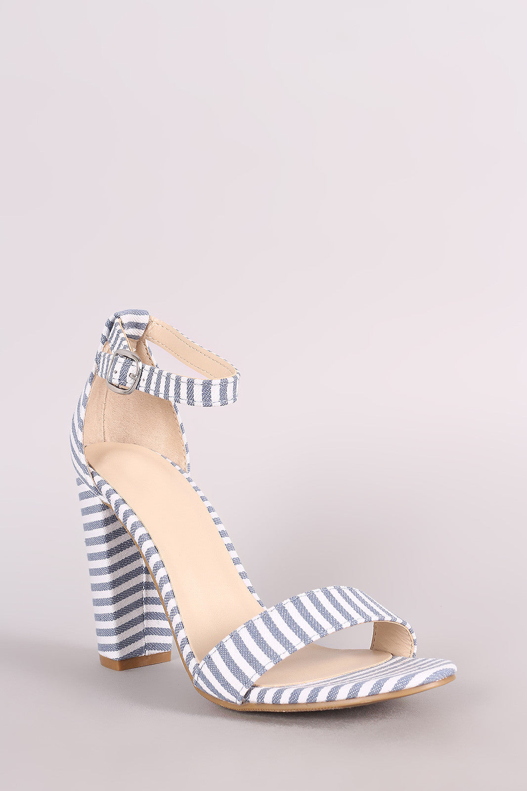 Bamboo Striped Canvas Open Toe Ankle Strap Chunky Heel