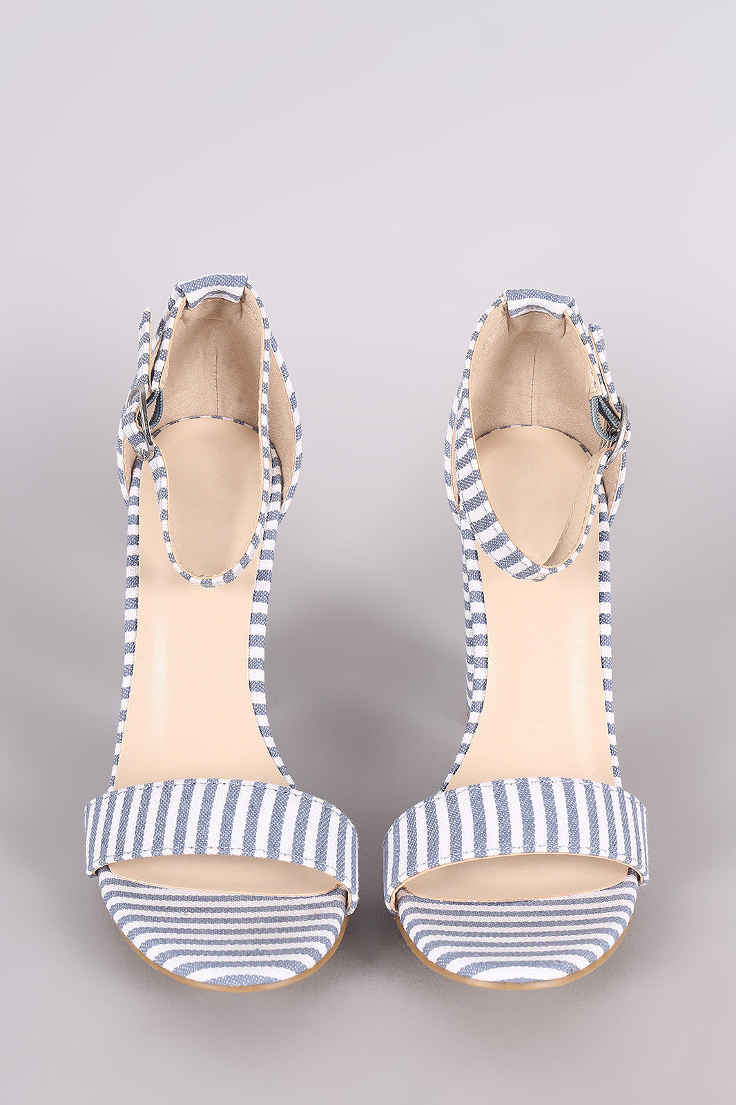 Bamboo Striped Canvas Open Toe Ankle Strap Chunky Heel