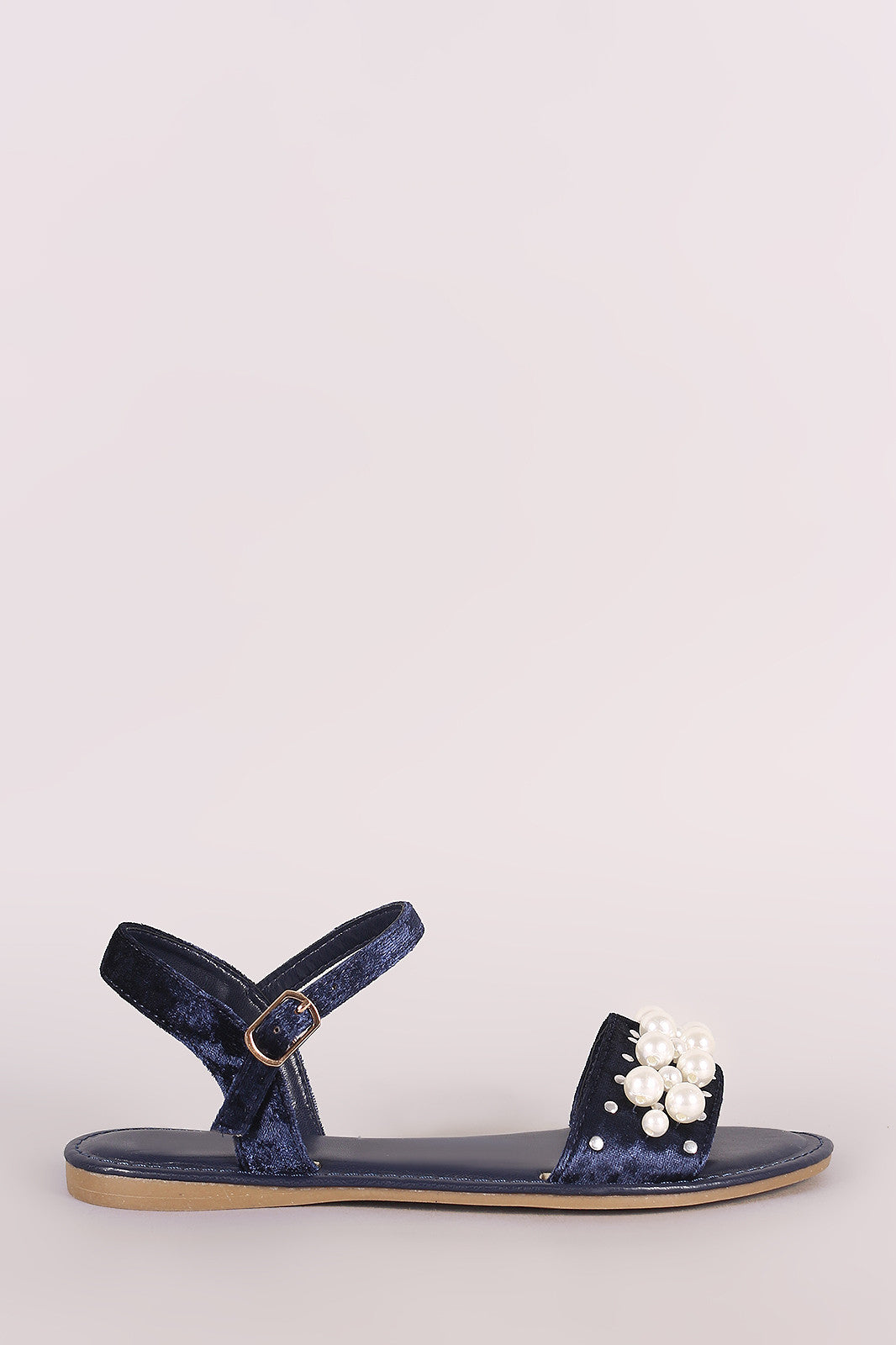 Bamboo Velvet Faux Pearl Accent Ankle Strap Flat Sandal