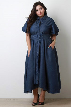 Button-Up A-Line Denim Dress