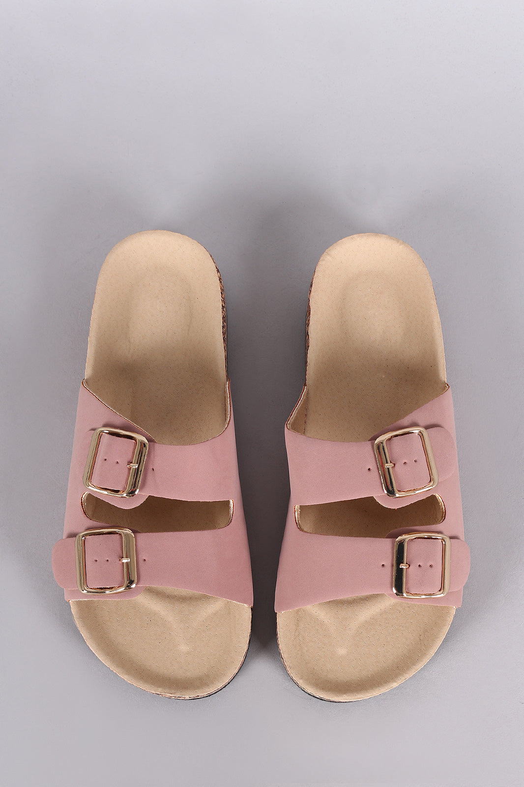 Bamboo Nubuck Open Toe Buckled Cork Footbed Slide Sandal